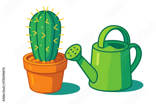 Green cactus in an orange pot next to a bright green watering can for home gardening