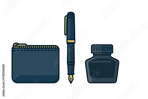 Classic fountain pen, ink bottle, and zippered pouch for writing supplies
