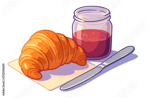 Golden croissant served with sweet berry jam in a jar and a silver spreading knife