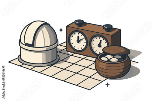 Observatory dome, dual game timer clock, and traditional Go stone bowl