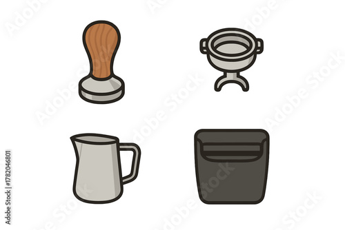 Essential barista tools for espresso preparation including tamper, portafilter, milk pitcher, and knock box