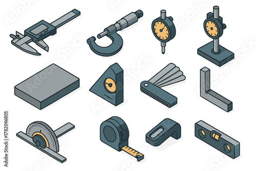 Precision measuring tools set including caliper micrometer protractor and level gauge isometric view