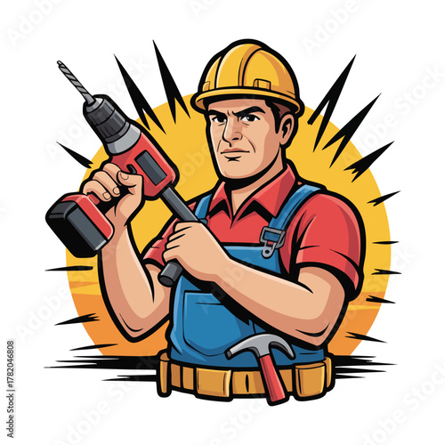 Cartoon construction worker holding a red power drill with a hammer on his belt male illustration