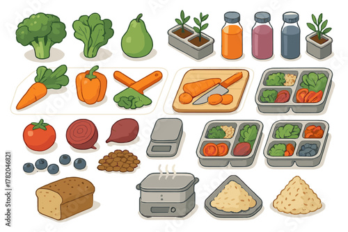 Assortment of nutritious ingredients and cooking tools for balanced diet and food planning