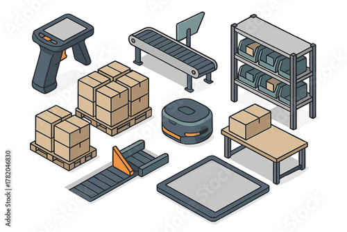 Automated warehouse equipment set with conveyor belt robot scanner and storage racks
