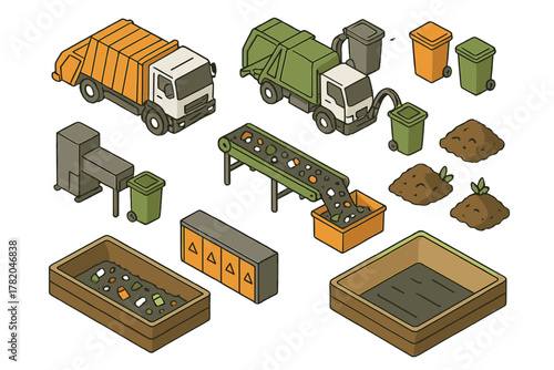 Isometric waste management and recycling process with garbage trucks bins and sorting machinery