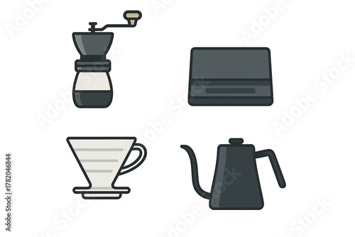 Essential tools for manual pour over coffee brewing including grinder kettle and scale