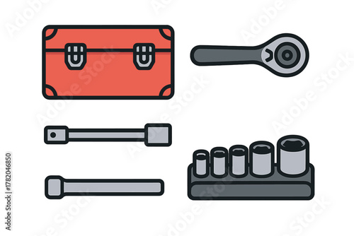 Professional mechanic tools set featuring a red storage box and socket wrench components