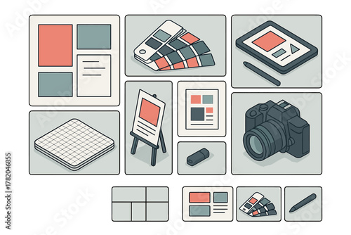 Isometric icons set for graphic design and creative workflow featuring camera, color swatches, and digital tablet