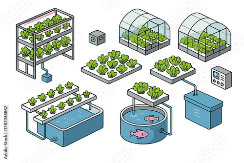 Sustainable agriculture technology set showing hydroponic tanks, vertical farm racks, and greenhouse structures