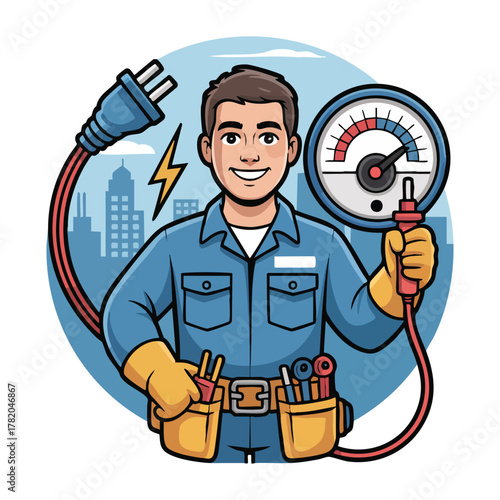 Cartoon electrician man with tools and power plug in city background belt