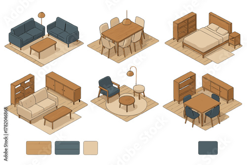 Isometric layout of modern home furnishings and interior design elements