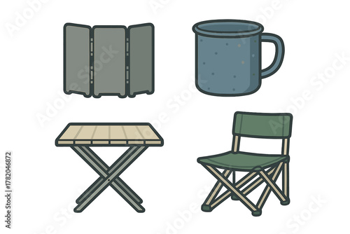Essential camping gear collection: folding chair, table, wind shield, and metal mug