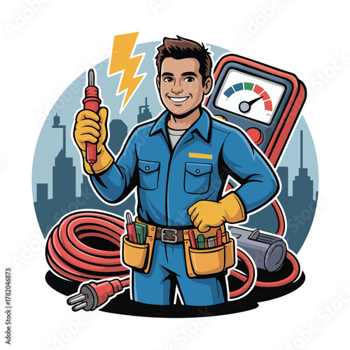 Cartoon electrician man with tools and voltage meter in city background illustration