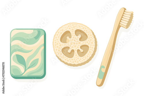 Zero waste bathroom essentials featuring a green soap bar, loofah scrubber, and bamboo toothbrush