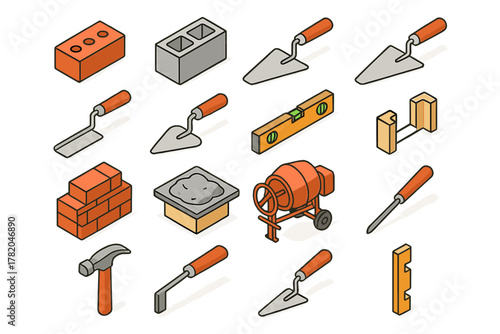 Isometric set of construction and masonry tools: bricks, trowels, cement mixer, and spirit level