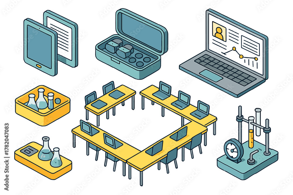 Obraz premium Isometric set of modern education and science technology equipment and classroom setup