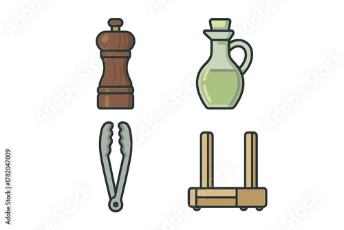 Set of kitchen and dining accessories including pepper mill, oil cruet, serving tongs, and napkin holder