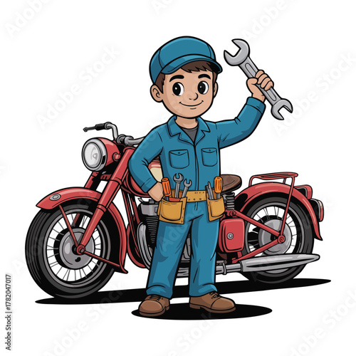 Cartoon mechanic in blue overalls holding wrench near red motorcycle tools