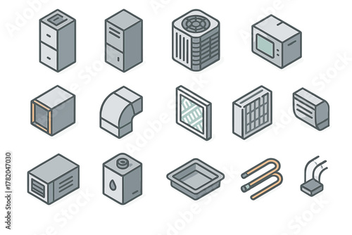 Isometric icons set of HVAC components including air conditioning units, furnace, ductwork, and filters