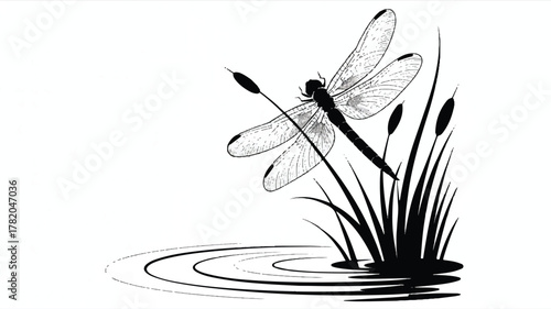 A black and white minimalist illustration of a dragonfly perched on reeds beside a pond 
