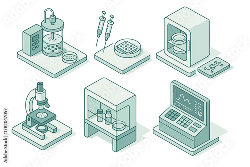 Isometric set of scientific research equipment, biotechnology tools, and medical devices