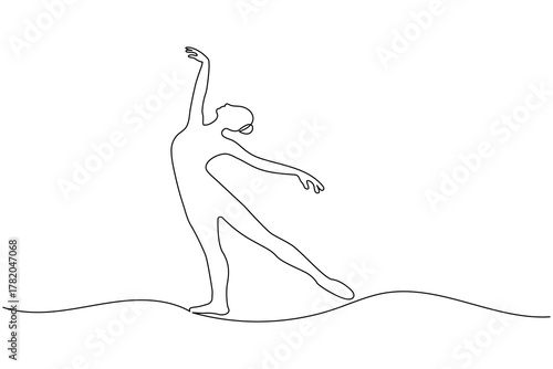 Ballet dancer performing graceful pose in one line minimalist drawing style
