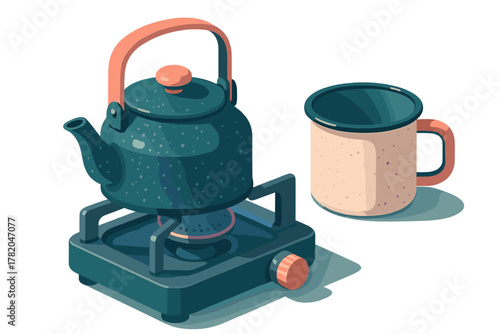 Camping kettle heating on a portable gas stove next to an enamel mug for outdoor drinks
