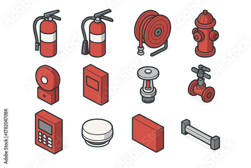 Isometric set of red and gray symbols for fire safety and emergency prevention