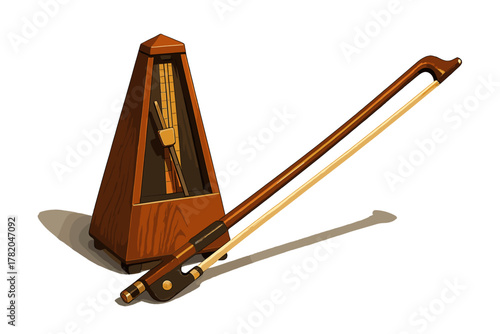 Vintage wooden metronome and professional violin bow representing musical rhythm and practice