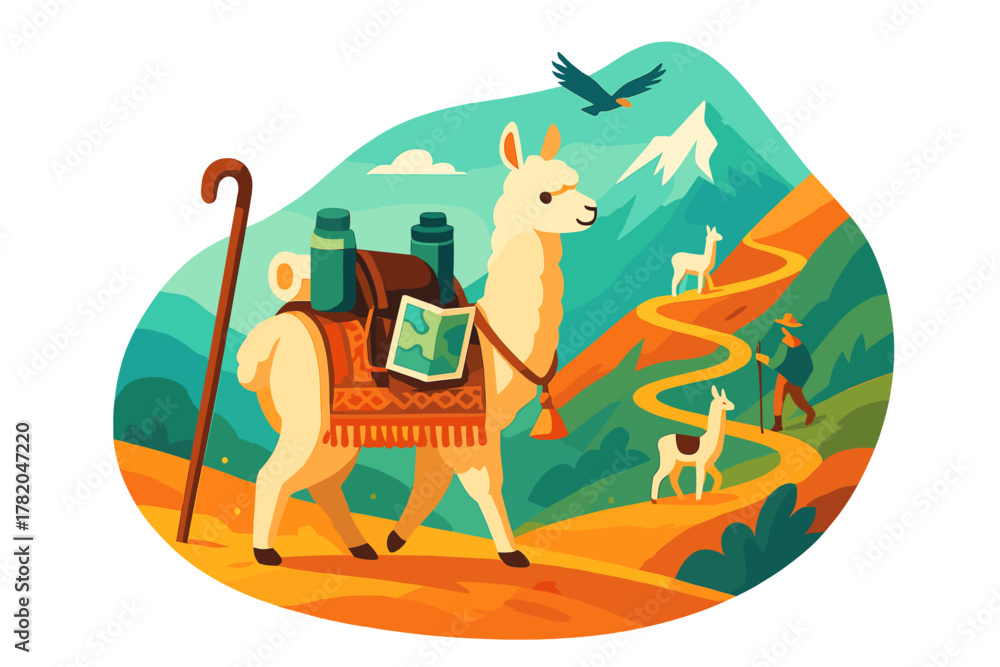 Obraz premium Pack llama loaded with hiking equipment traversing a winding trail in a mountain landscape