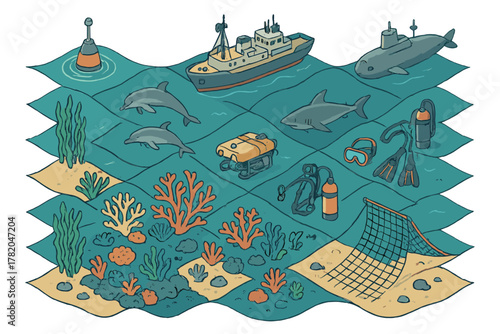 Marine ecosystem with ocean exploration research vessel, submarine, coral reef, and diving gear