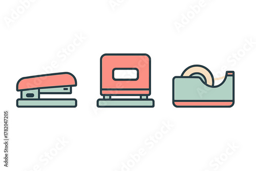 Set of essential supplies icons including stapler, hole puncher, and tape dispenser