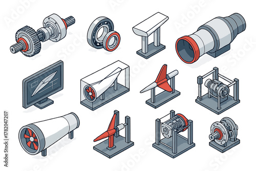 Isometric engineering and aerodynamic models and mechanical components