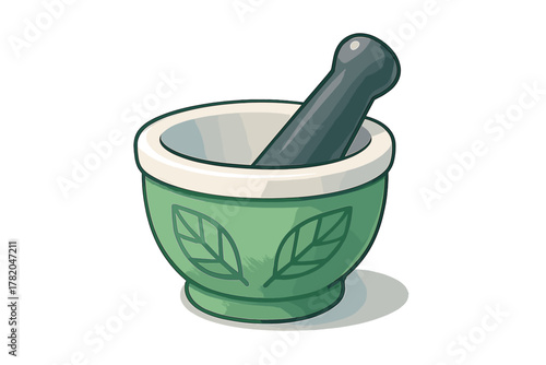 Traditional green mortar and pestle used for grinding herbs, spices, and natural remedies
