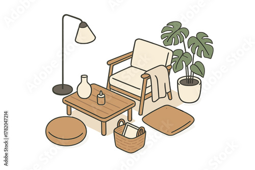 Cozy minimalist living room interior with comfortable armchair coffee table and houseplant