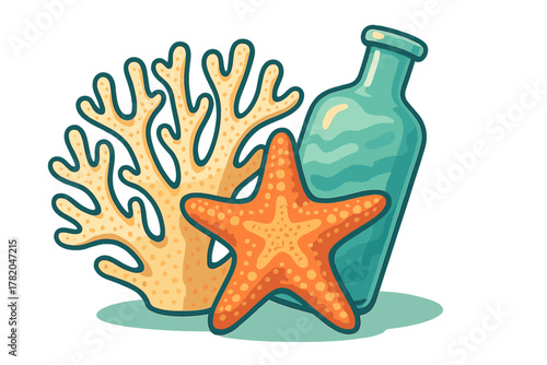 Stylized marine life arrangement with branching coral, vibrant starfish, and vintage glass bottle