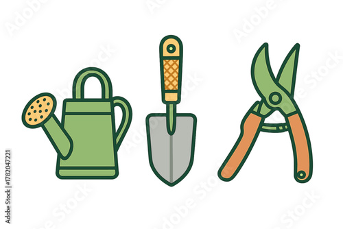 Essential gardening tools set including a watering can, hand trowel, and pruning shears