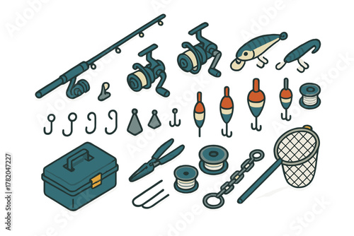 Assortment of essential fishing equipment including rod, reel, and lures