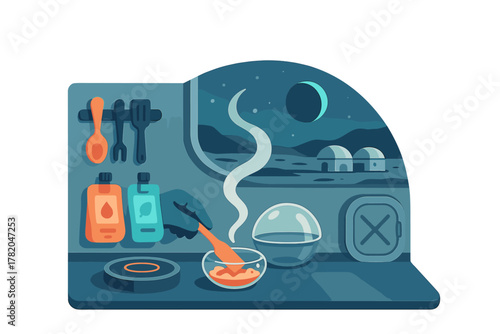 Preparing a meal inside a futuristic space colony kitchen with a view of the lunar landscape