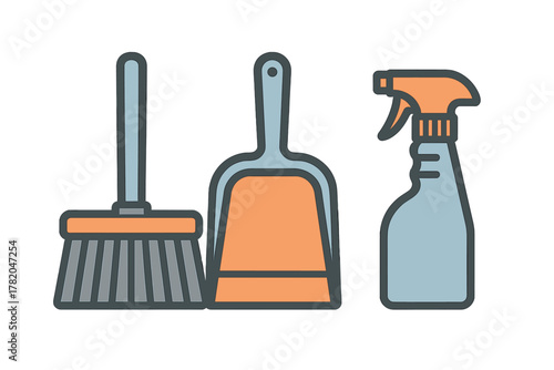 Essential household cleaning equipment set with broom, dustpan, and spray bottle icon design