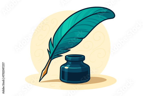 Classic vintage writing set featuring a vibrant teal feather quill and a dark ink pot