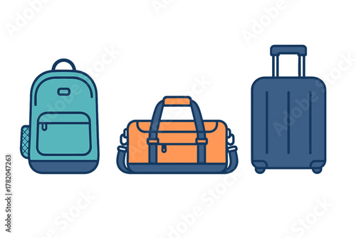 Collection of travel baggage items including backpack, duffel bag, and rolling suitcase