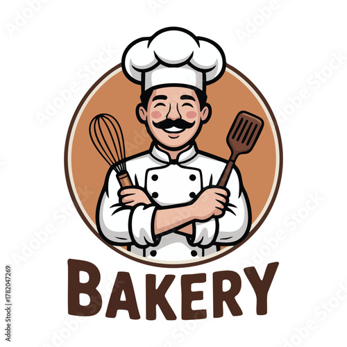 Cheerful cartoon chef with mustache holding whisk and spatula in bakery logo cooking kitchen