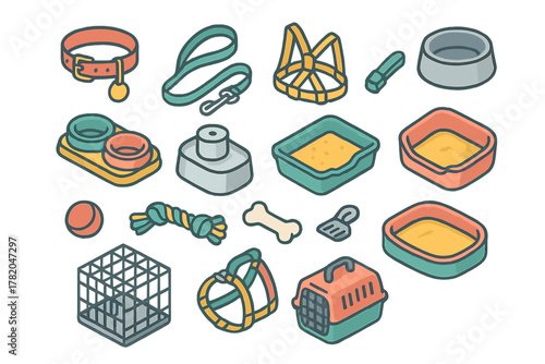 Isometric collection of pet accessories and supplies including collars leashes bowls toys and carriers