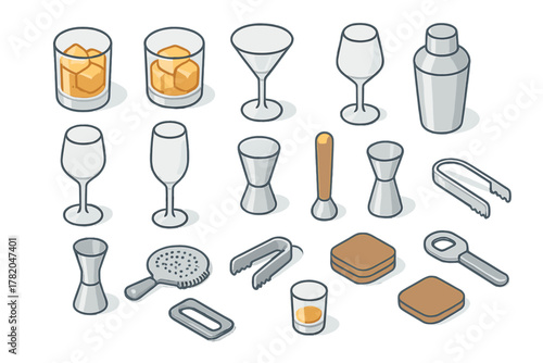 Assortment of professional bartender equipment and various drink glasses for mixology preparation