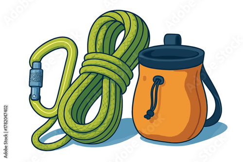 Essential rock climbing equipment including a coiled green rope, large carabiner, and orange chalk bag