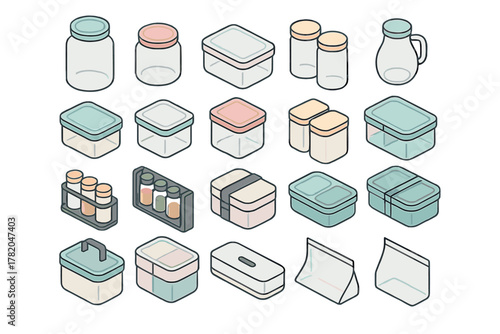 Isometric icons of reusable food storage containers, glass jars, lunch boxes, and spice holders