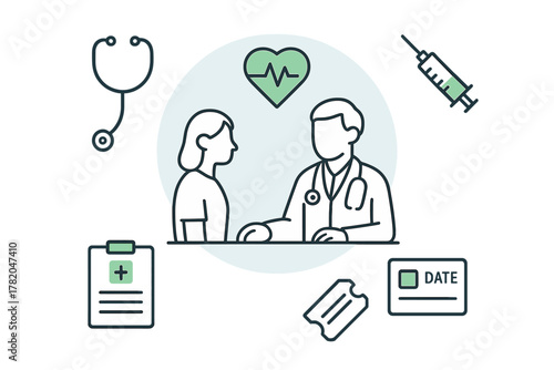 Doctor and patient discussing health issues with medical equipment and appointment icons