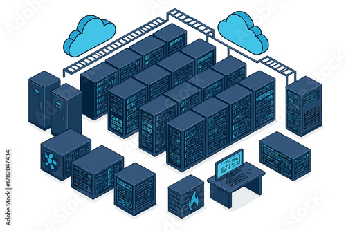 Isometric data center with server racks connected to cloud network services infrastructure